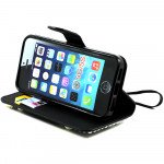 Wholesale iPhone 5 5S Crystal Flip Leather Wallet Case with Stand Strap (Four Flower Black)